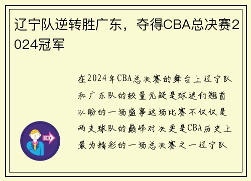 辽宁队逆转胜广东，夺得CBA总决赛2024冠军