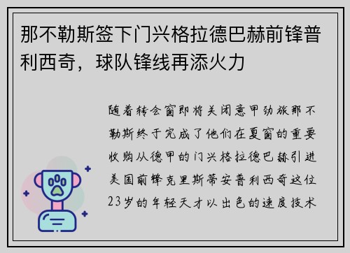 那不勒斯签下门兴格拉德巴赫前锋普利西奇，球队锋线再添火力